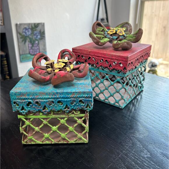 Hobby Lobby- Shabby Chic- Colorful Nesting Box Set with Lids- Rustic Flower Lid - Picture 1 of 6